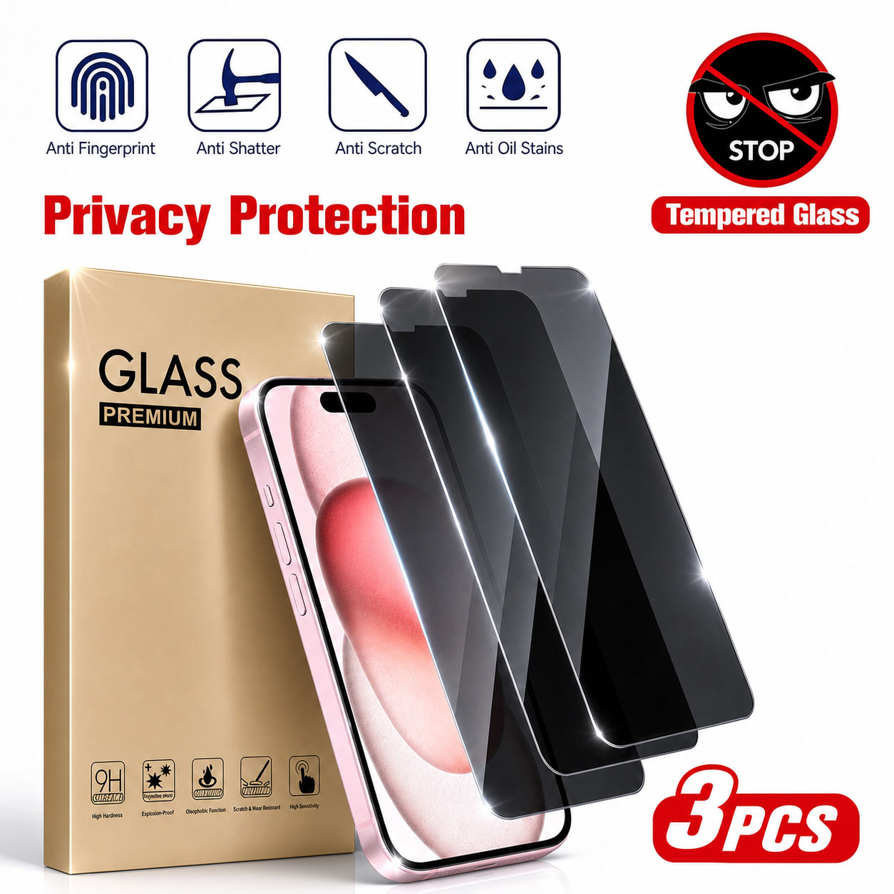 Anti Spy Privacy Glass Case - 3 قطع واقي شاشة للخصوصية، متوافق