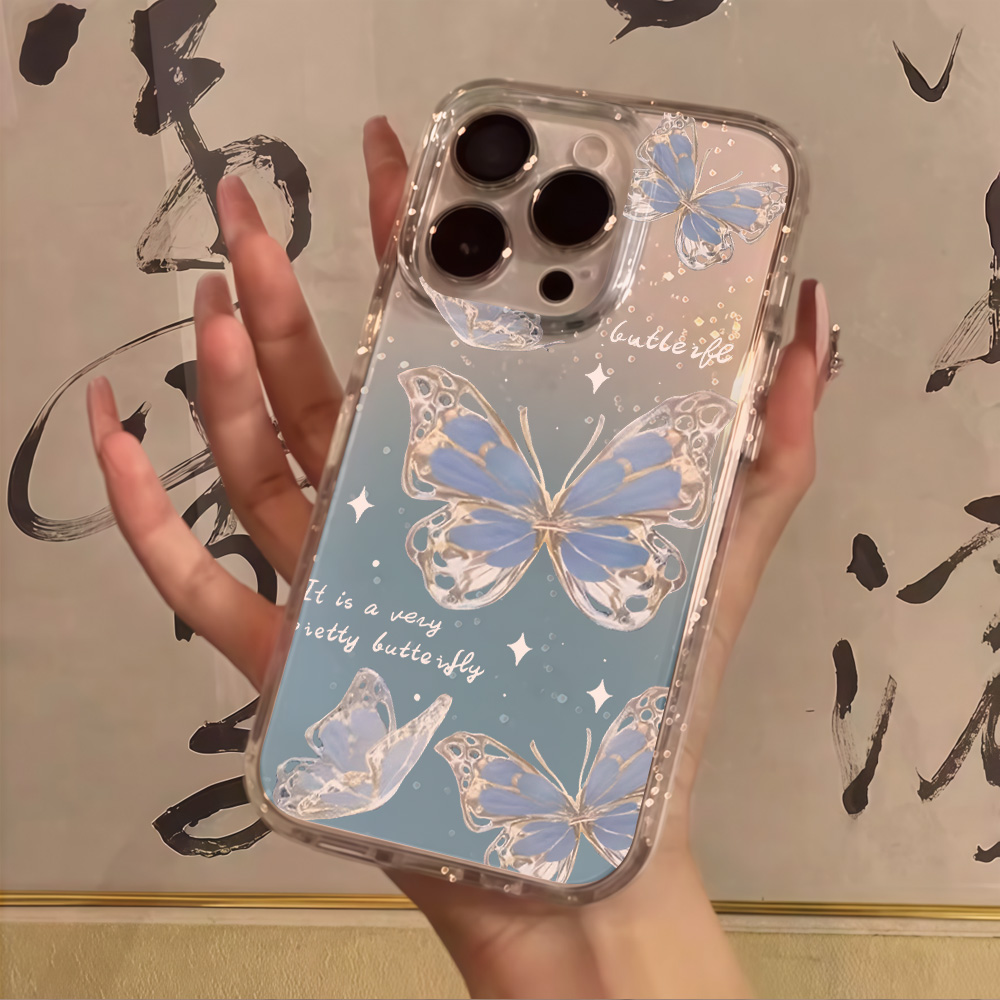 Clear Shockproof Bumper Case - غطاء هاتف فاخر بتصميم فراشة زرقاء